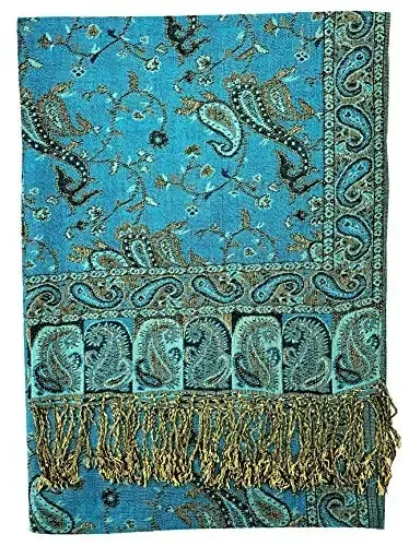Plum Feathers Tapestry Ethnic Paisley Pattern PasModazoneina Shawl Scarf, Womens PasModazoneina Shawl Wrap with Fringes - 3