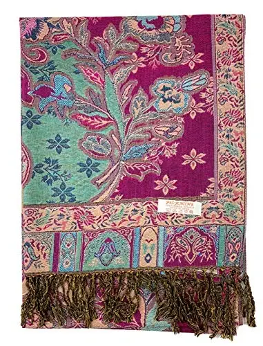 Plum Feathers Tapestry Ethnic Paisley Pattern PasModazoneina Shawl Scarf, Womens PasModazoneina Shawl Wrap with Fringes - PLUM (1)