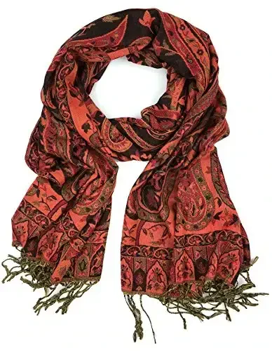 Plum Feathers Tapestry Ethnic Paisley Pattern PasModazoneina Shawl Scarf, Womens PasModazoneina Shawl Wrap with Fringes - 2