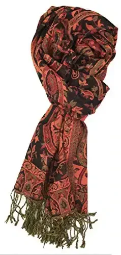Plum Feathers Tapestry Ethnic Paisley Pattern PasModazoneina Shawl Scarf, Womens PasModazoneina Shawl Wrap with Fringes - 4