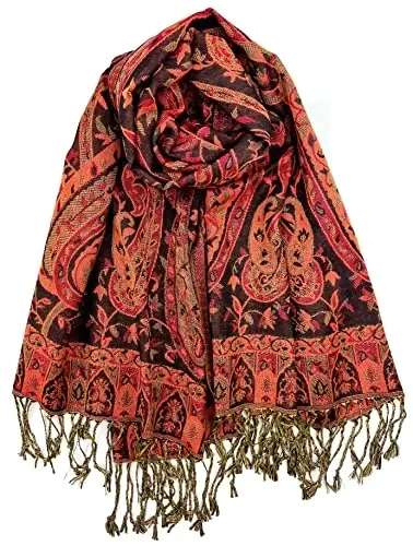 Plum Feathers Tapestry Ethnic Paisley Pattern PasModazoneina Shawl Scarf, Womens PasModazoneina Shawl Wrap with Fringes - PLUM