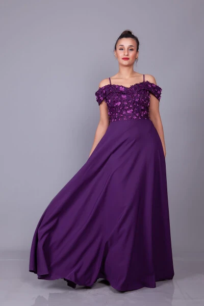 Plum Strappy Off-Shoulder Floral Tulle Detail Maxi Length Flared Evening Dress - Modazone