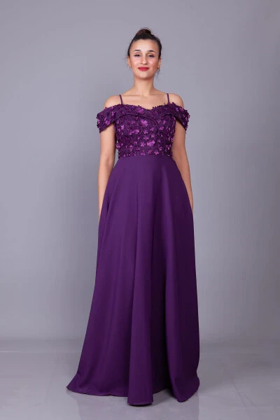 Plum Strappy Off-Shoulder Floral Tulle Detail Maxi Length Flared Evening Dress - Modazone (1)