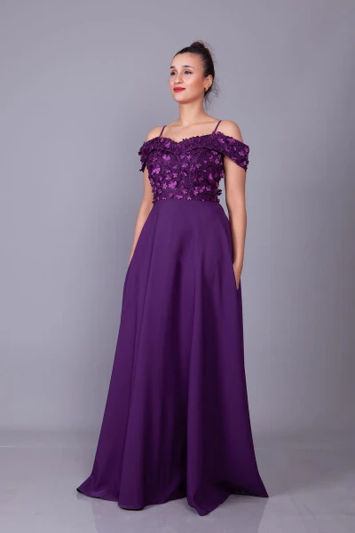 Plum Strappy Off-Shoulder Floral Tulle Detail Maxi Length Flared Evening Dress - 3
