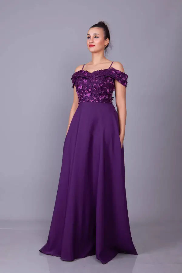 Plum Strappy Off-Shoulder Floral Tulle Detail Maxi Length Flared Evening Dress - 3