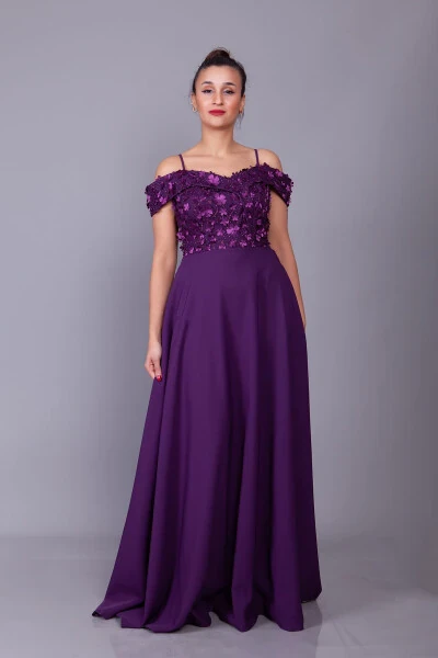 Plum Strappy Off-Shoulder Floral Tulle Detail Maxi Length Flared Evening Dress - 5