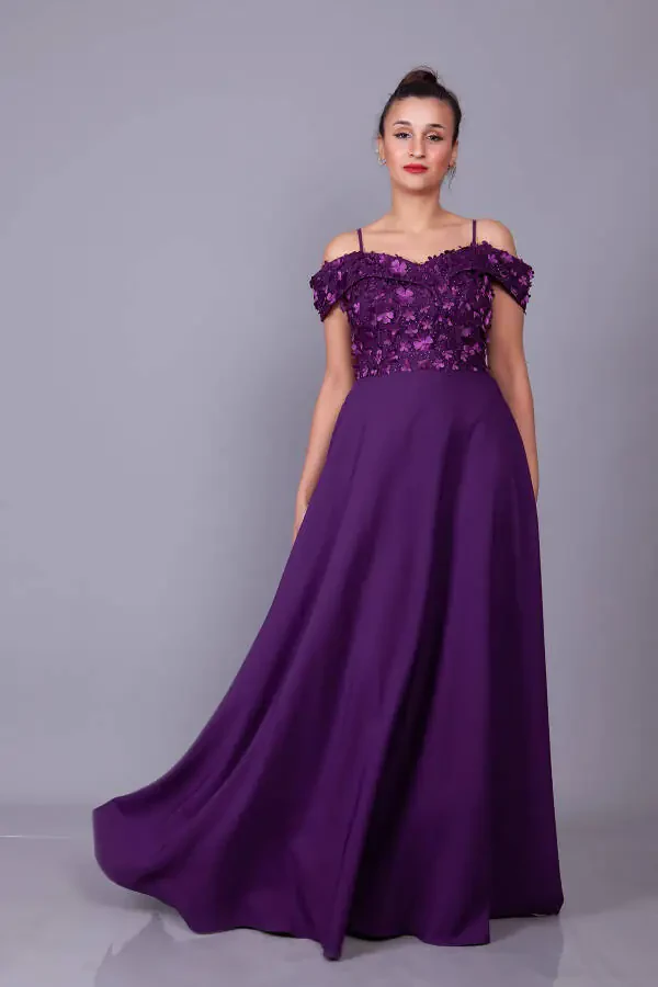 Plum Strappy Off-Shoulder Floral Tulle Detail Maxi Length Flared Evening Dress - 6