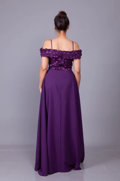 Plum Strappy Off-Shoulder Floral Tulle Detail Maxi Length Flared Evening Dress - 7