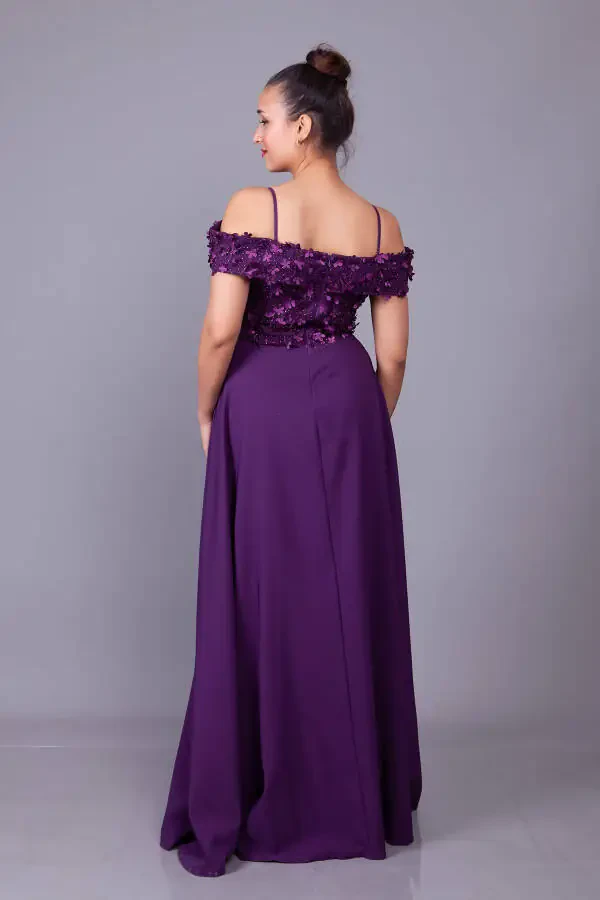 Plum Strappy Off-Shoulder Floral Tulle Detail Maxi Length Flared Evening Dress - 8