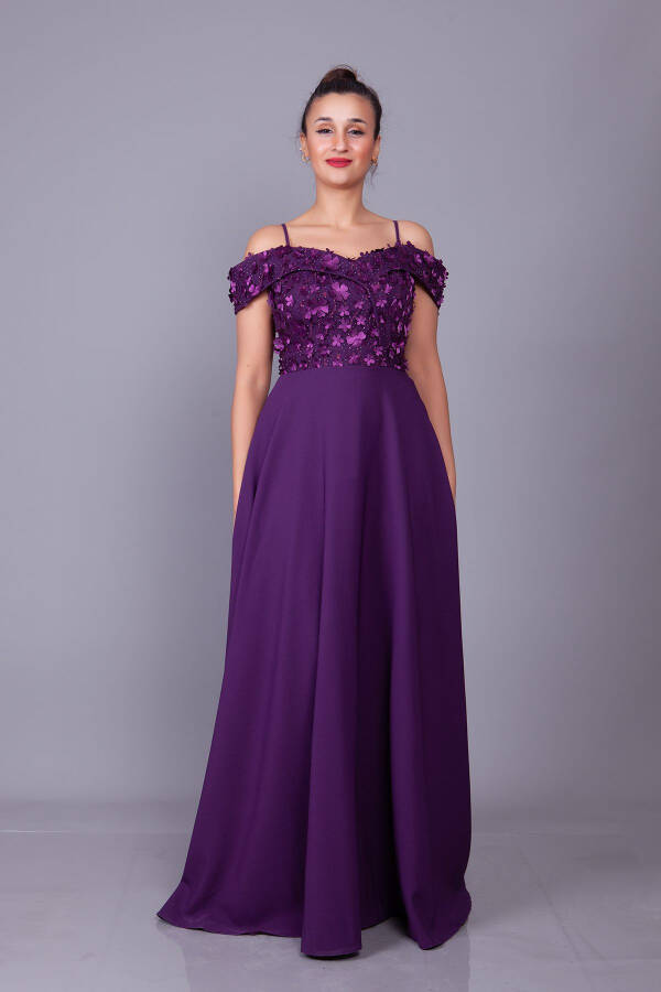 Plum Strappy Off-Shoulder Floral Tulle Detail Maxi Length Flared Evening Dress - 11