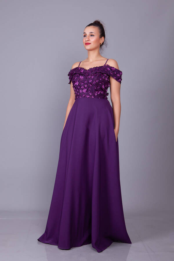 Plum Strappy Off-Shoulder Floral Tulle Detail Maxi Length Flared Evening Dress - 12