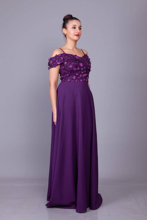 Plum Strappy Off-Shoulder Floral Tulle Detail Maxi Length Flared Evening Dress - 13