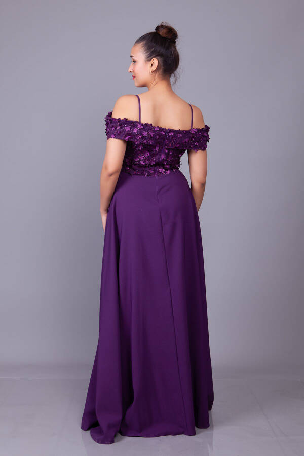 Plum Strappy Off-Shoulder Floral Tulle Detail Maxi Length Flared Evening Dress - 17