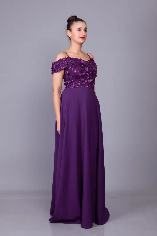 Plum Strappy Off-Shoulder Floral Tulle Detail Maxi Length Flared Evening Dress - 8