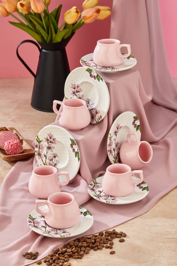 Plump 12 Piece Luxury Ceramic 6 Person Pink Cherry Coffee Cup Set, Turkish Coffee Cup - 1