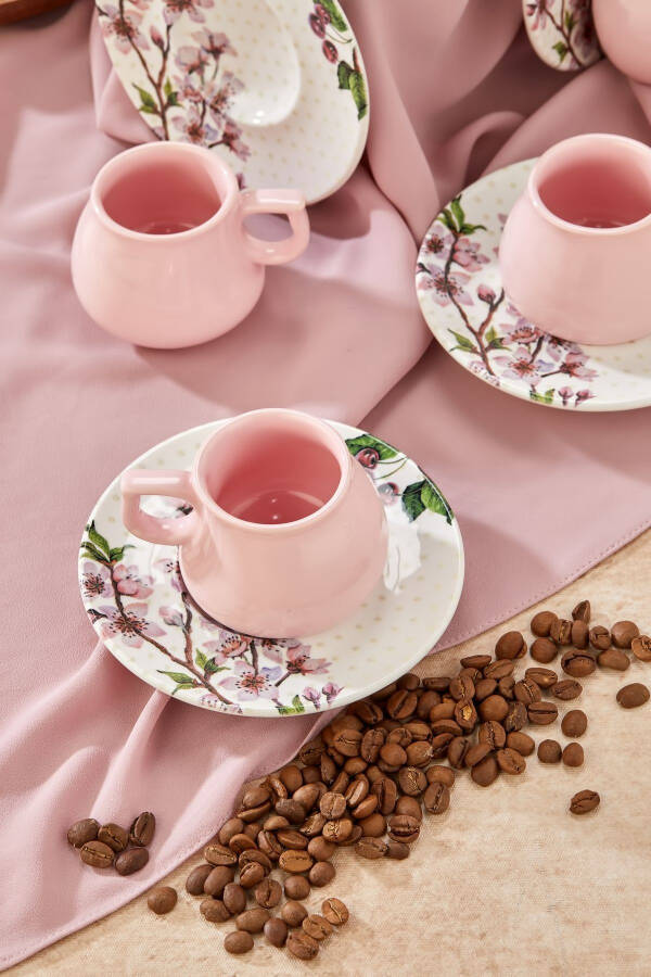 Plump 12 Piece Luxury Ceramic 6 Person Pink Cherry Coffee Cup Set, Turkish Coffee Cup - 2