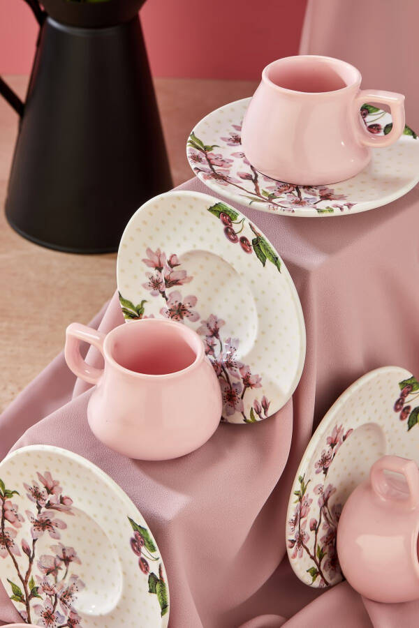 Plump 12 Piece Luxury Ceramic 6 Person Pink Cherry Coffee Cup Set, Turkish Coffee Cup - 3