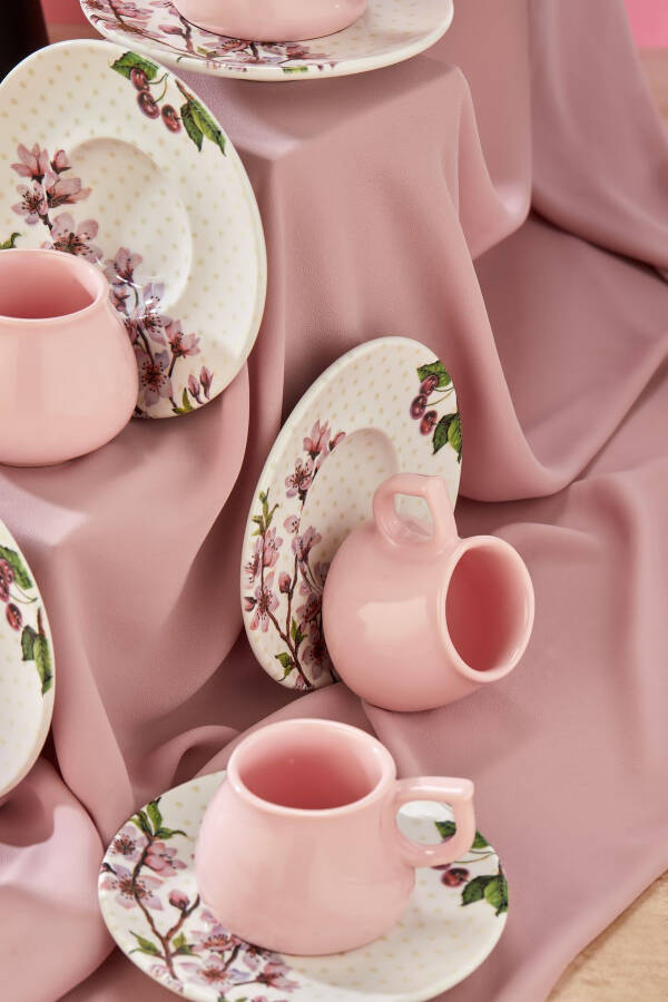 Plump 12 Piece Luxury Ceramic 6 Person Pink Cherry Coffee Cup Set, Turkish Coffee Cup - 4