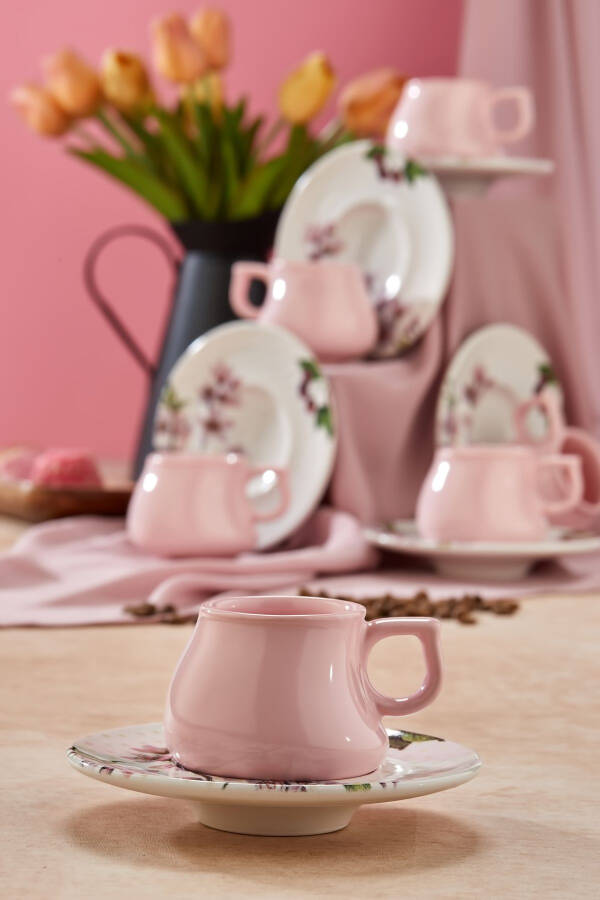 Plump 12 Piece Luxury Ceramic 6 Person Pink Cherry Coffee Cup Set, Turkish Coffee Cup - 5