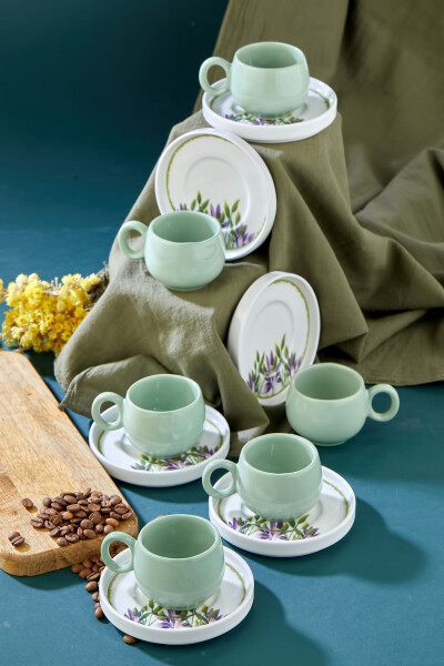 Plump Green Honeysuckle 12 Piece Luxury Ceramic 6 Person Coffee Cup Set, Green Coffee Cup - 17