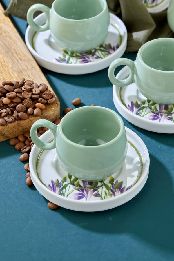 Plump Green Honeysuckle 12 Piece Luxury Ceramic 6 Person Coffee Cup Set, Green Coffee Cup - 18