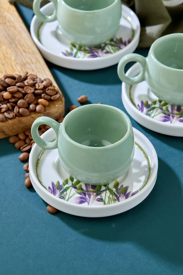 Plump Green Honeysuckle 12 Piece Luxury Ceramic 6 Person Coffee Cup Set, Green Coffee Cup - 19