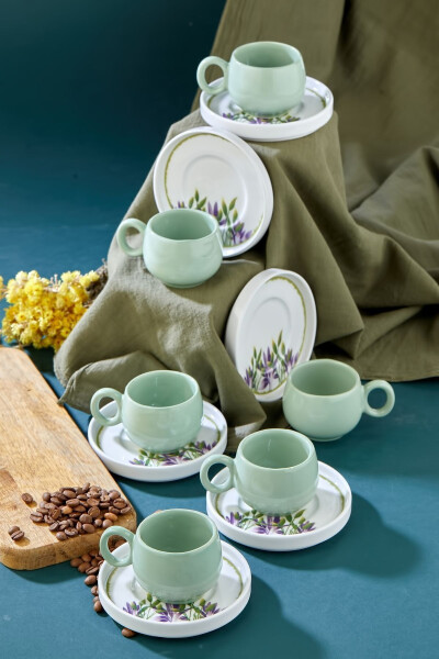 Plump Green Honeysuckle 12 Piece Luxury Ceramic 6 Person Coffee Cup Set, Green Coffee Cup - 9