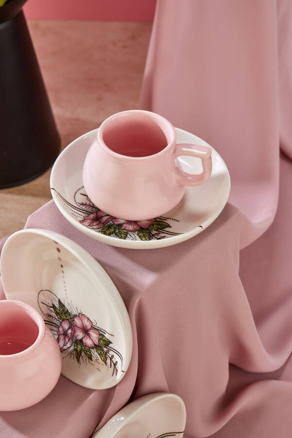 Plump Linden 12 Pieces Luxury Ceramic 6 Person Pink Coffee Cup Set, Turkish Coffee Cup - 3