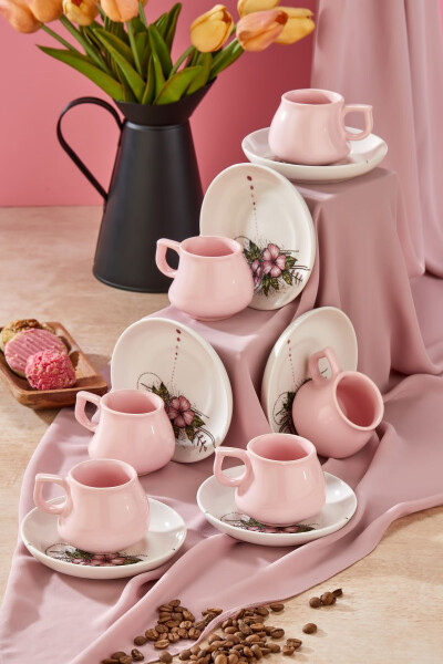 Plump Linden 12 Pieces Luxury Ceramic 6 Person Pink Coffee Cup Set, Turkish Coffee Cup - 4