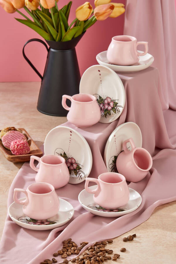 Plump Linden 12 Pieces Luxury Ceramic 6 Person Pink Coffee Cup Set, Turkish Coffee Cup - 4