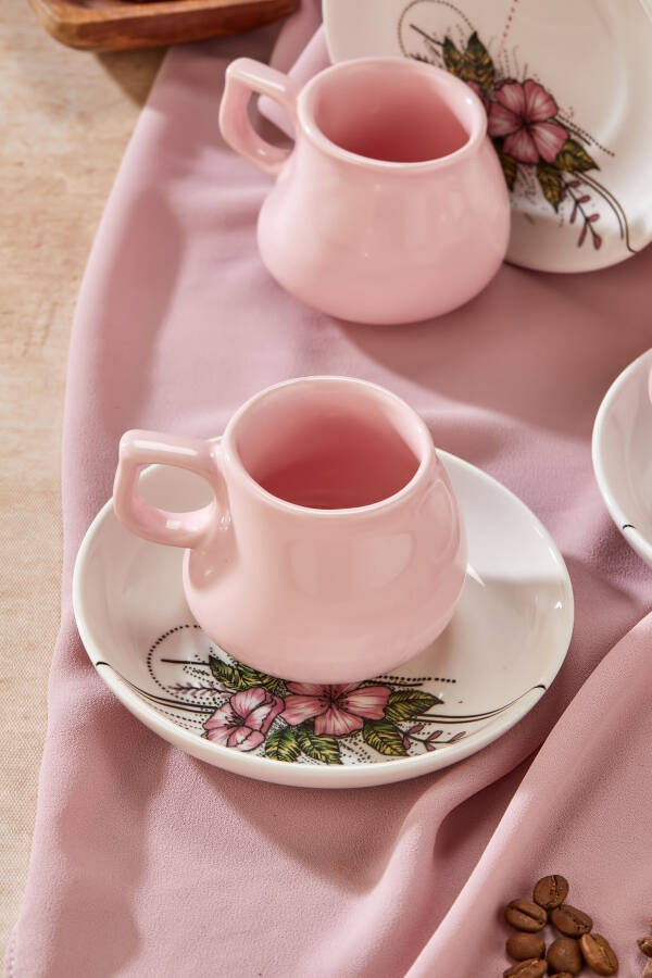 Plump Linden 12 Pieces Luxury Ceramic 6 Person Pink Coffee Cup Set, Turkish Coffee Cup - 6