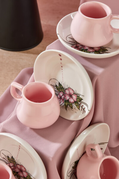 Plump Linden 12 Pieces Luxury Ceramic 6 Person Pink Coffee Cup Set, Turkish Coffee Cup - 7