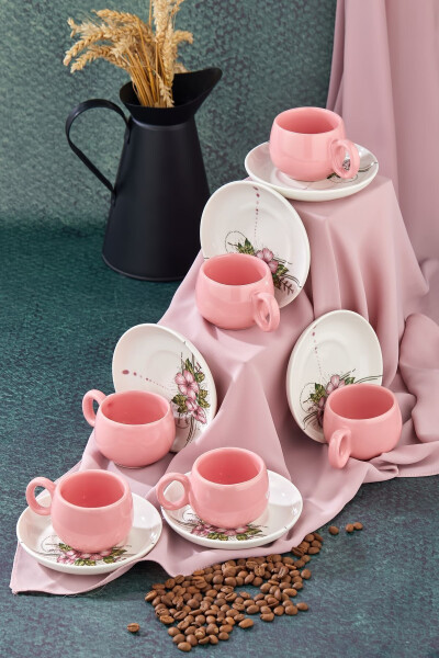 Plump Pink Artless 12 Piece Luxury Ceramic 6 Person Coffee Cup Set, Pink Coffee Cup - 1