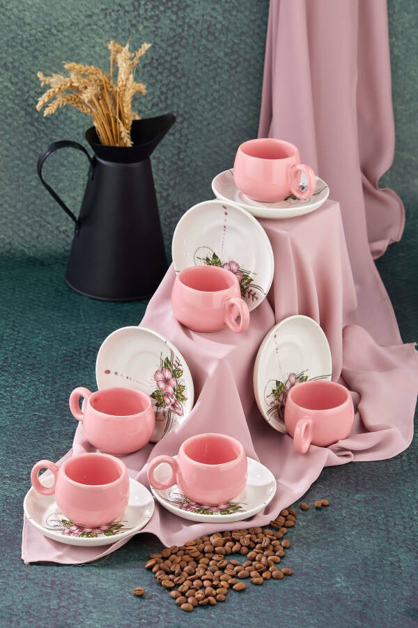 Plump Pink Artless 12 Piece Luxury Ceramic 6 Person Coffee Cup Set, Pink Coffee Cup - 5