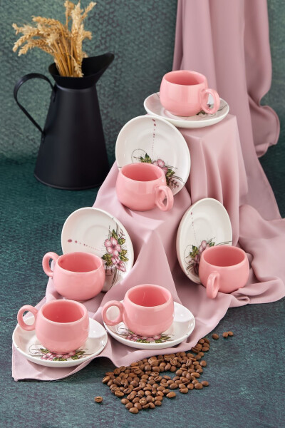 Plump Pink Artless 12 Piece Luxury Ceramic 6 Person Coffee Cup Set, Pink Coffee Cup - 7