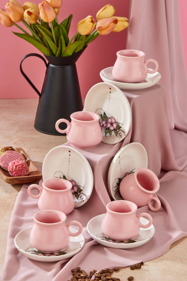 Plump Pink Artless 12 Piece Luxury Ceramic 6 Person Coffee Cup Set, Pink Coffee Cup - 1