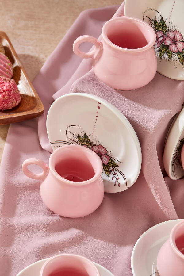 Plump Pink Artless 12 Piece Luxury Ceramic 6 Person Coffee Cup Set, Pink Coffee Cup - 3