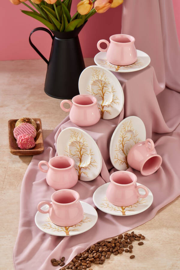 Plump Pink Linden 12 Piece Luxury Ceramic 6 Person Coffee Cup Set, Pink Coffee Cup - 1
