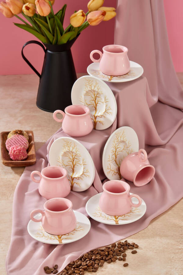Plump Pink Linden 12 Piece Luxury Ceramic 6 Person Coffee Cup Set, Pink Coffee Cup - 4