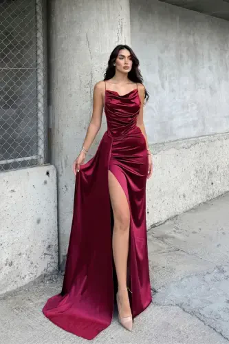 Plunge Collar Slit Evening Dress-Multi-Colored - 1