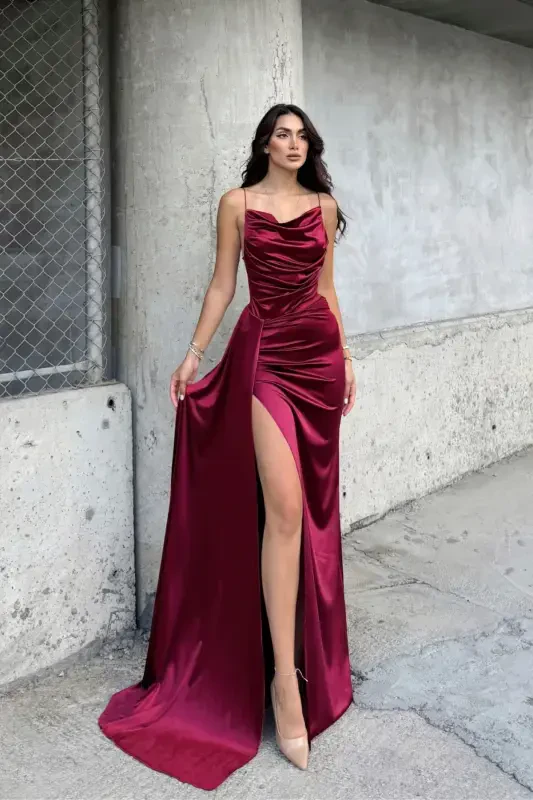 Plunge Collar Slit Evening Dress-Multi-Colored - SINDIMODA