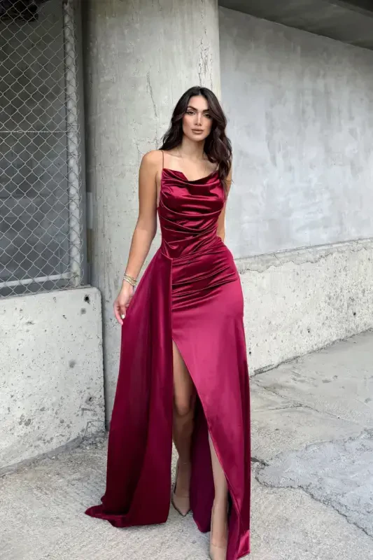 Plunge Collar Slit Evening Dress-Multi-Colored - 2