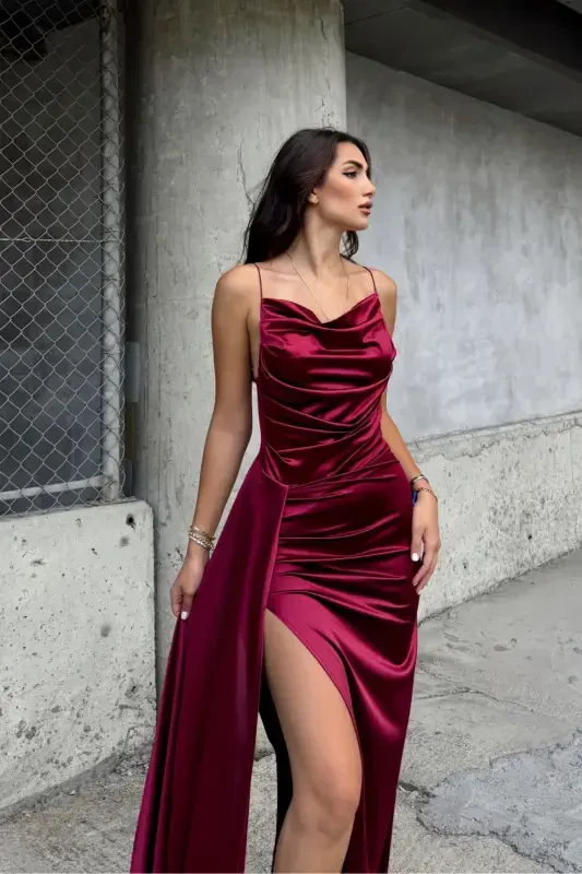 Plunge Collar Slit Evening Dress-Multi-Colored - 4