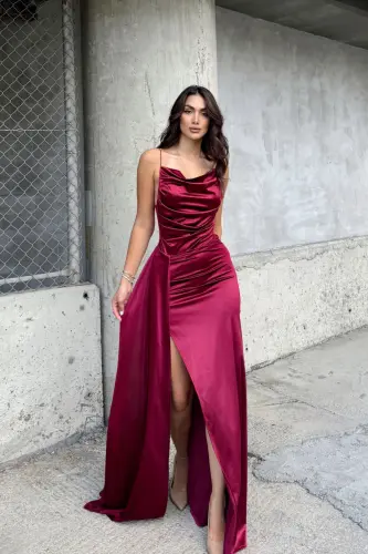 Plunge Collar Slit Evening Dress-Multi-Colored - 2