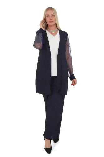 Plus Size 3 Piece Pants Blouse Jacket Glittery Fabric Set Navy Blue GLS532 - 1