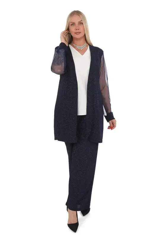 Plus Size 3 Piece Pants Blouse Jacket Glittery Fabric Set Navy Blue GLS532 - 1