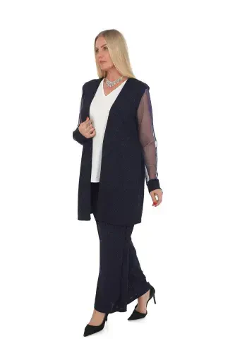 Plus Size 3 Piece Pants Blouse Jacket Glittery Fabric Set Navy Blue GLS532 - BÜYÜKBEDENIZ (1)