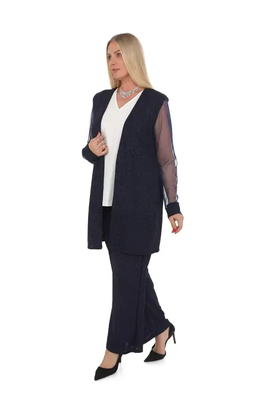 Plus Size 3 Piece Pants Blouse Jacket Glittery Fabric Set Navy Blue GLS532 - 2