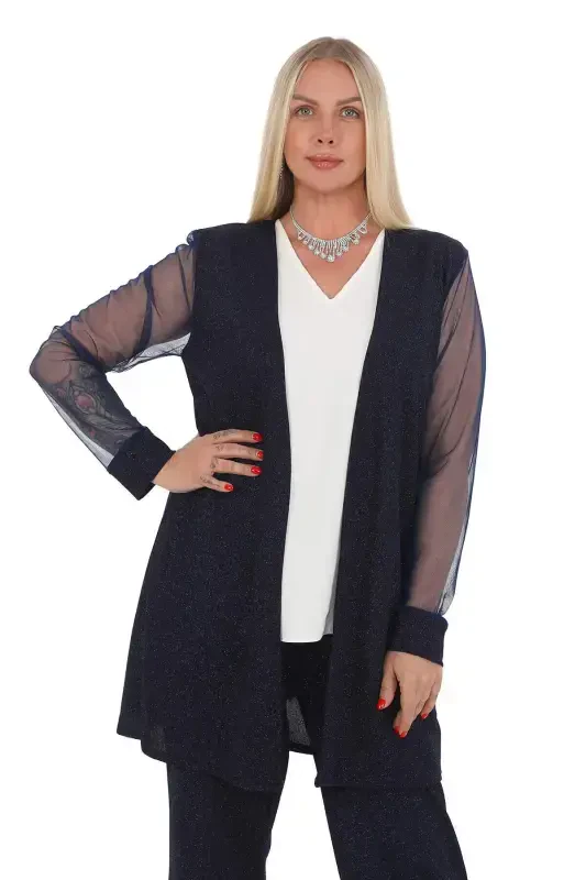 Plus Size 3 Piece Pants Blouse Jacket Glittery Fabric Set Navy Blue GLS532 - 3