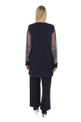 Plus Size 3 Piece Pants Blouse Jacket Glittery Fabric Set Navy Blue GLS532 - 4